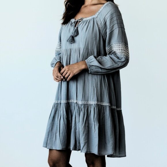 Lucky Brand Embroidered Boho Dress with Tassels Blue Gray S - Picture 1 of 10